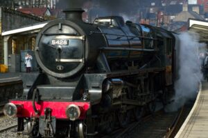 Class 5 steam locomotive terminates at Whitby railway station.